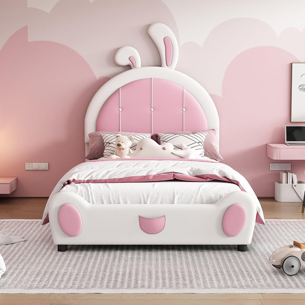 Twin Size Upholstered Platform Bed with Rabbit Shaped Headboard, White and Pink PU Bed Frame, Cute Cartoon Ear Design for Children Bedroom, Wooden Slat Support, No Box Spring Needed