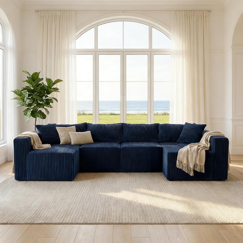 128" Modular U Shaped Sectional Couch, Deep Seat Bonless Couches for Living Room, Modern Couch with 6 Pillows, No Assembly Required, Blue