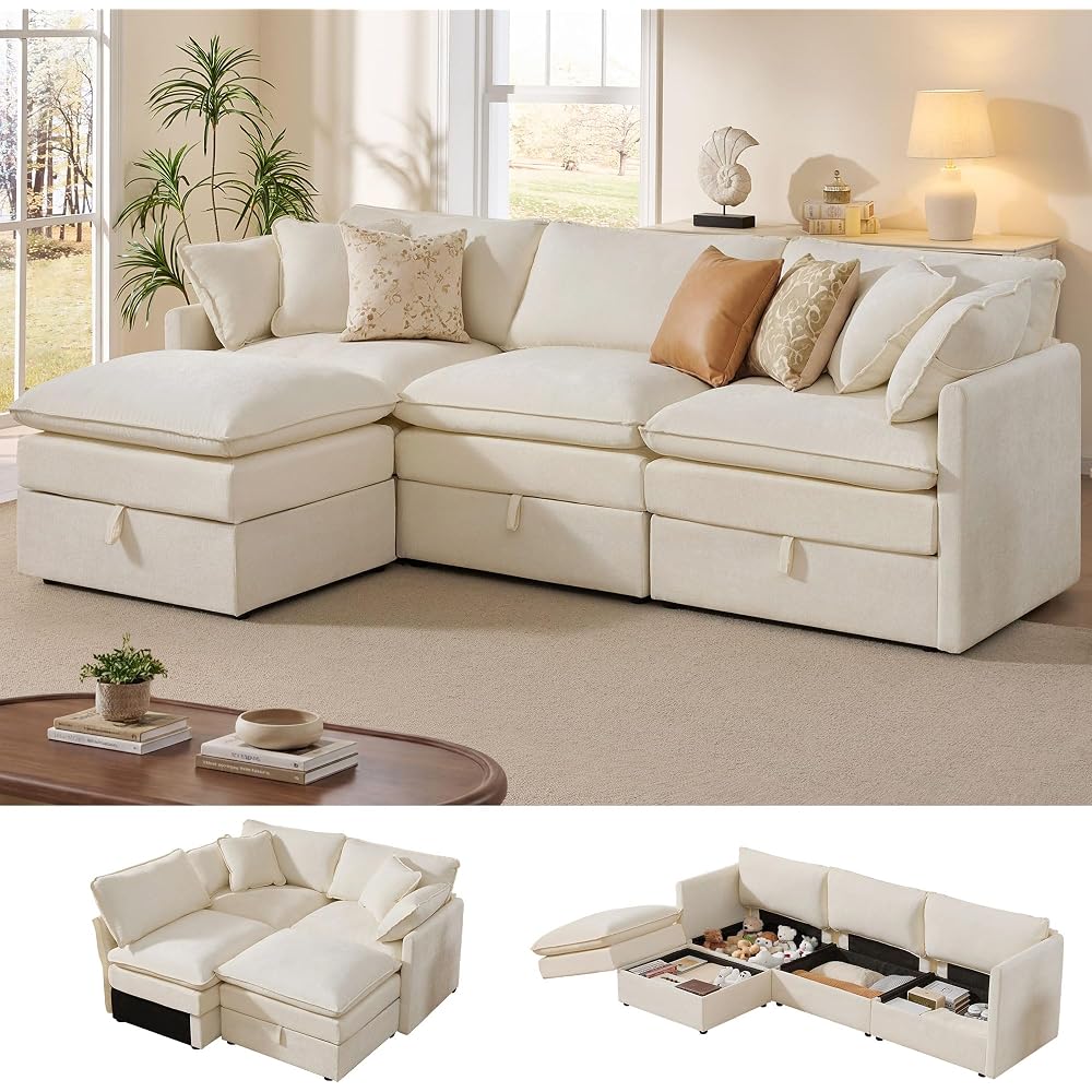 103" Modular Sectional Sofa with Storage, L Shaped Cloud Couch with Movable Ottomans & 4 Pillows, Chenille Deep Seat Sectional Couches for Living Room, Apartment (Beige)