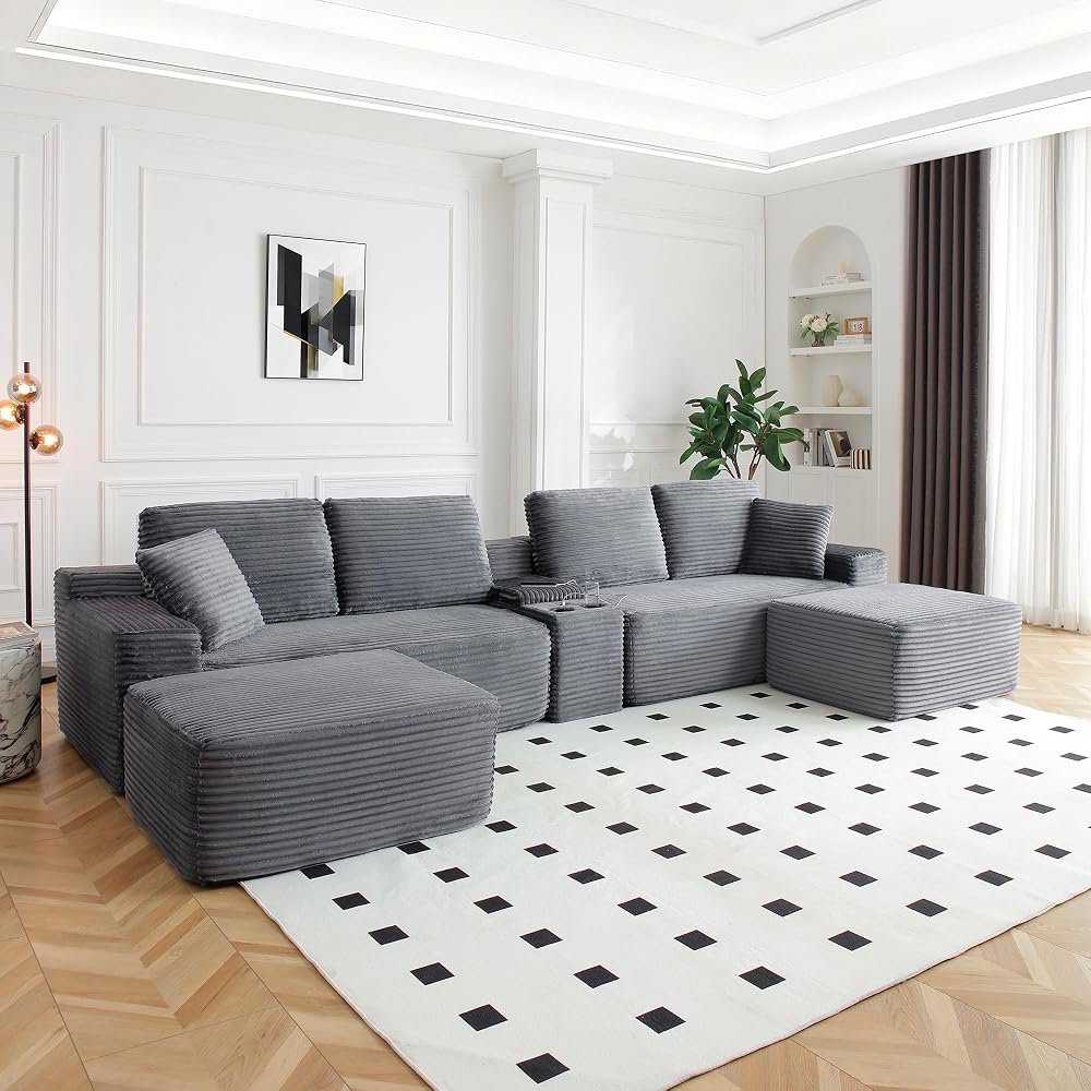 150 Inch Modular Sectional Sofa Couch, Oversized Modern Cloud Couch for Living Room, U Shape Couches with 2 Ottomans, USB Ports and Cup Holders, Corduroy Boneless Sofas, Sofa in a Box, Grey