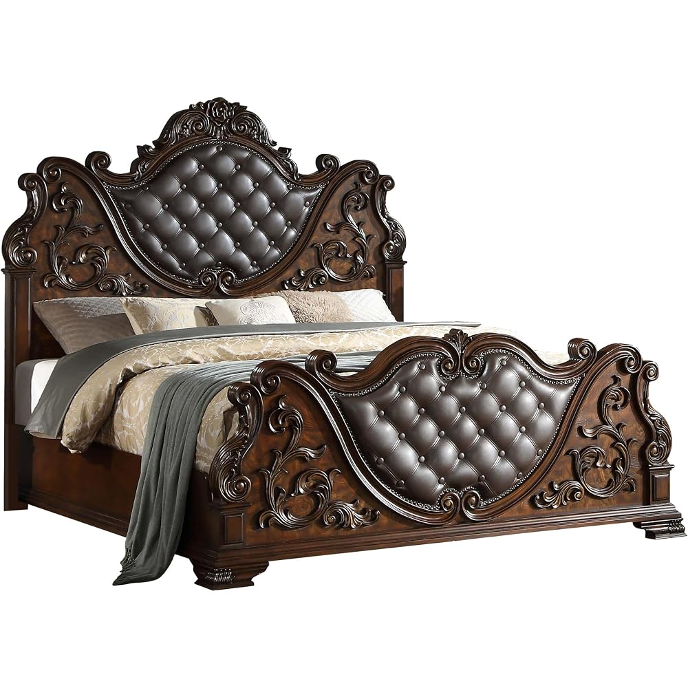 Cosmos Furniture Santa Monica Traditional Queen Bed - Cherry Finish Wood Bed with Tufted Headboard, Nail Head Trim - Queen Size for Classic Bedroom Decor