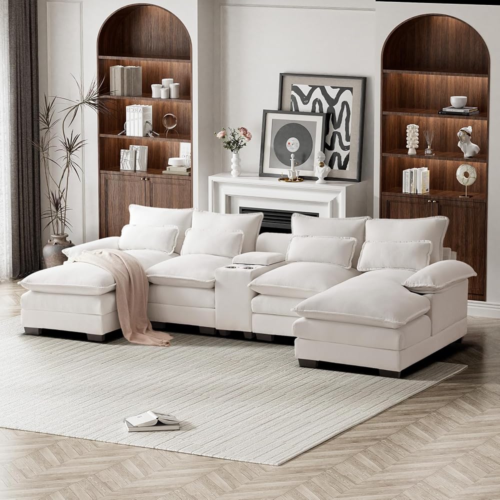 124" Oversized U Shaped Cloud Couch Modular Sectional Couches for Living Room Comfy Chenille Deep Seat Sofa Set with Double Chaise Lounge, Storage Central Console, Cup Holders, USB Port, Beige