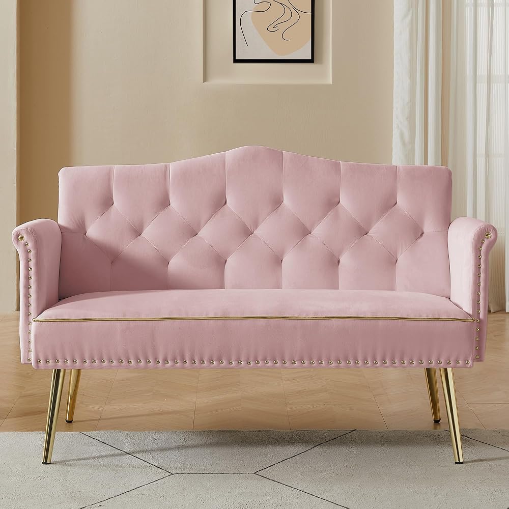 Velvet Loveseat Sofa,Small 2 Seater Couch with Nailhead Trim and Side Pockets for Living Room Apartment (Pink)