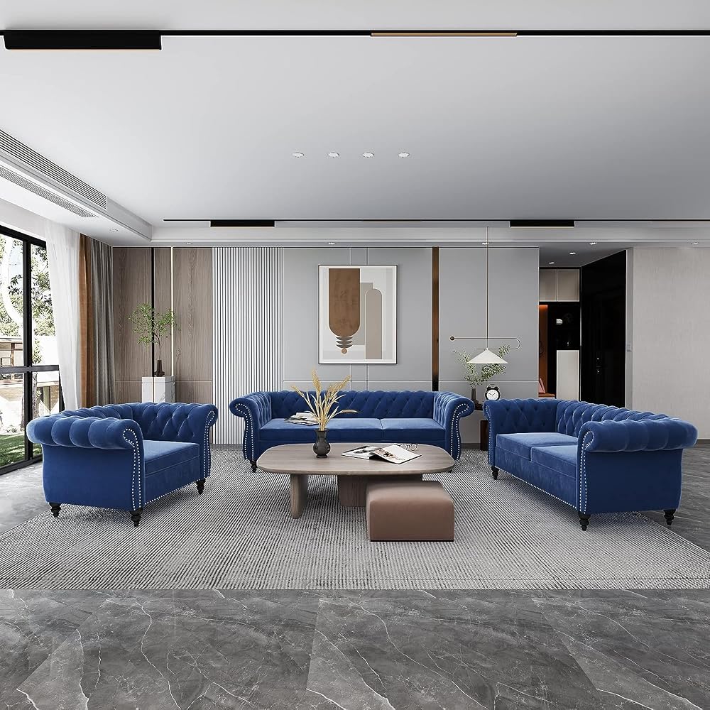 3 Piece Living Room Couch Set, Sectional Chesterfield Sofa Chair Contemporary Upholstered Velvet Loveseat Sofa Sets for Living Room, Office, Small Apartment