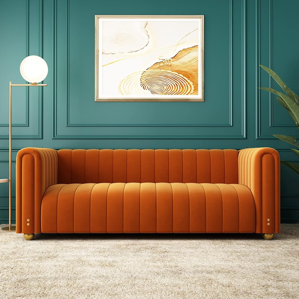 Tufted Couch Chesterfield Velvet Sofa Upholstered 81" W 3-Seater Comfy Sofa for Living Room, Bedroom, Office, Apartment (Orange)