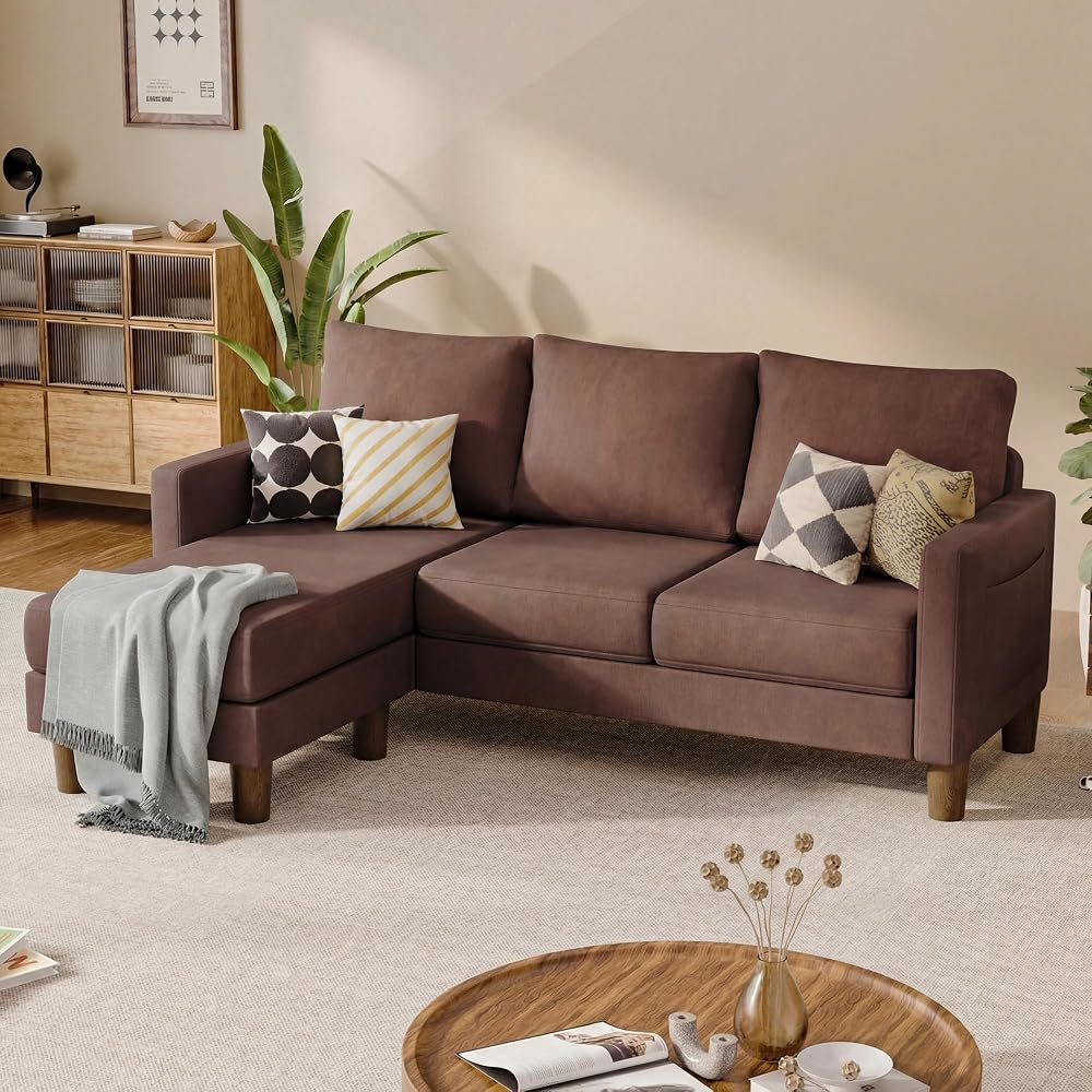 L Shape Sectional Sofa Couch, 3 Seat Convertible Sofa with Movable Ottoman and Side Storage Pockage, Modern Couches for Living Room & Apartment (Linen, Brown)