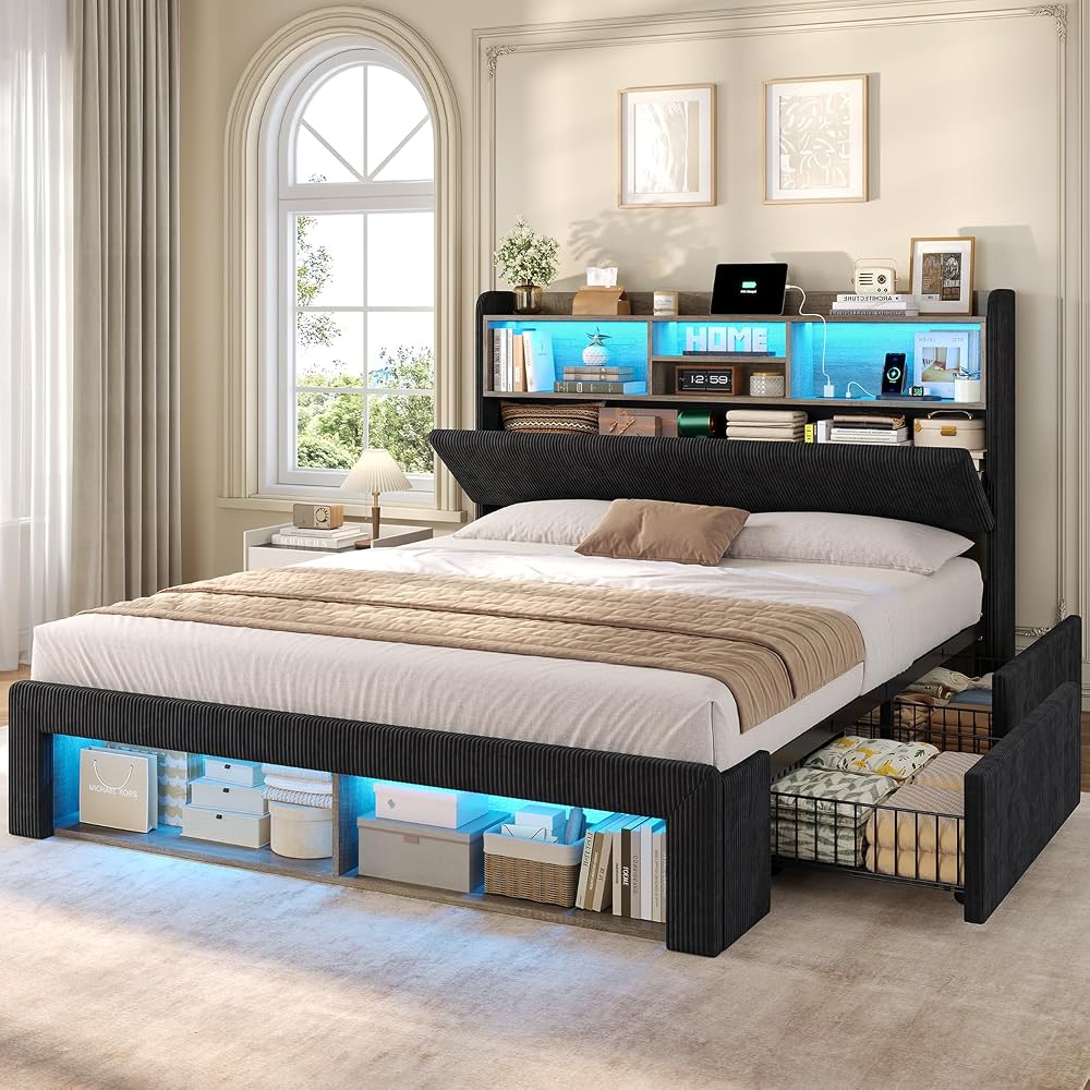 Queen Bed Frame with 4 Storage Drawers & Headboard, Corduroy Black