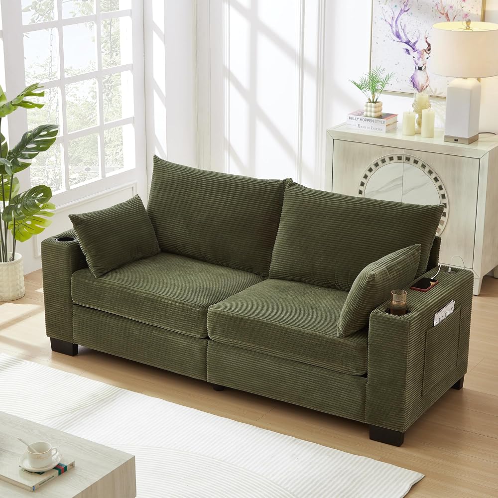 78" Corduroy Small Couches for Living Room, Modern Upholstered Loveseat Sofa with USB & Cup Holders, Side Pocket, Soft Deep 2-Seater Sofa Couch for Living Room Bedroom Office Apartment (Green)