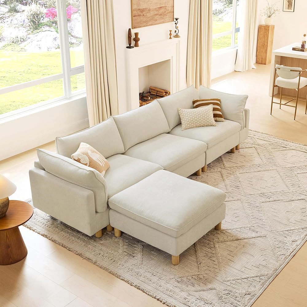 127" Large Sectional Sofa, Modular Cloud Couch, 4 Seater, Cream