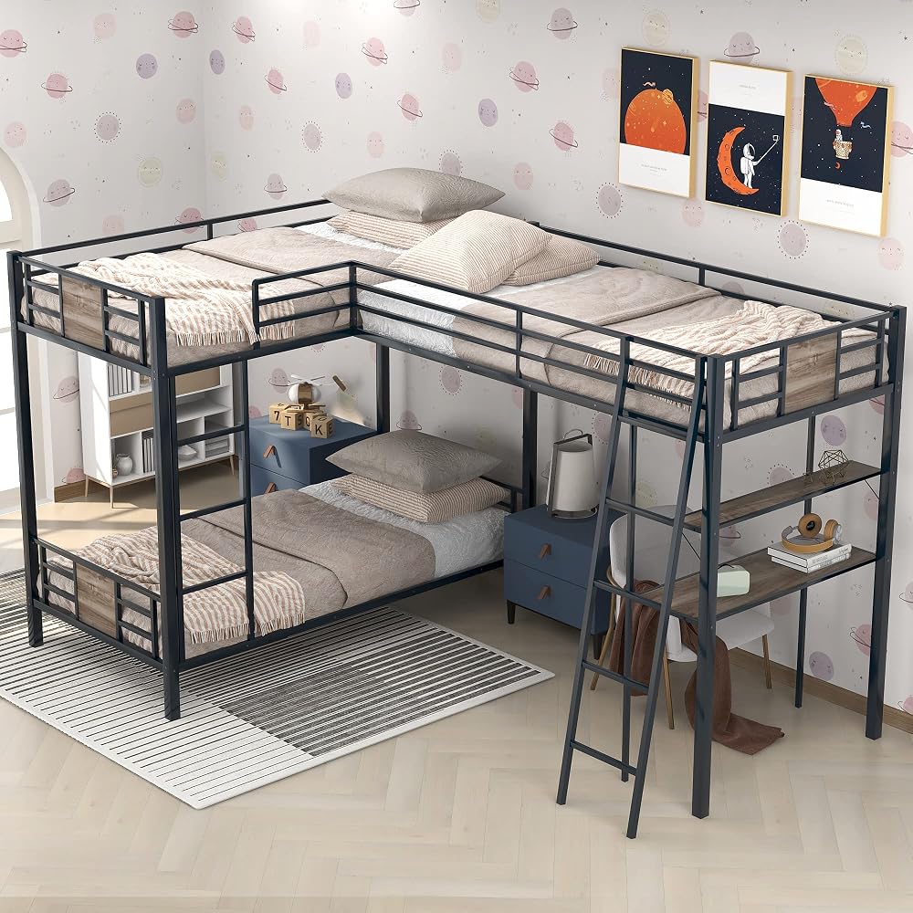 L-Shaped Twin Over Twin Bunk Bed with Twin Size Loft Bed with Desk and Shelf,Brown
