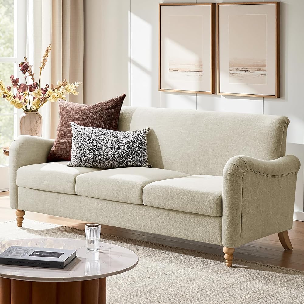 Farmhouse Curved Couch, 3 Seater Upholstered Sofa, Linen