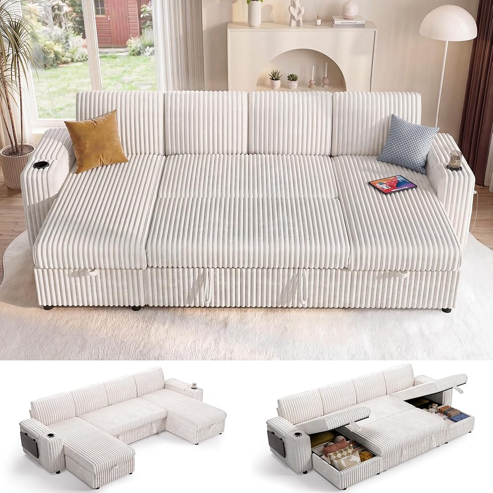 Modular Sectional Sleeper Sofa with Pull Out Bed, 108”U Shaped, Ivory