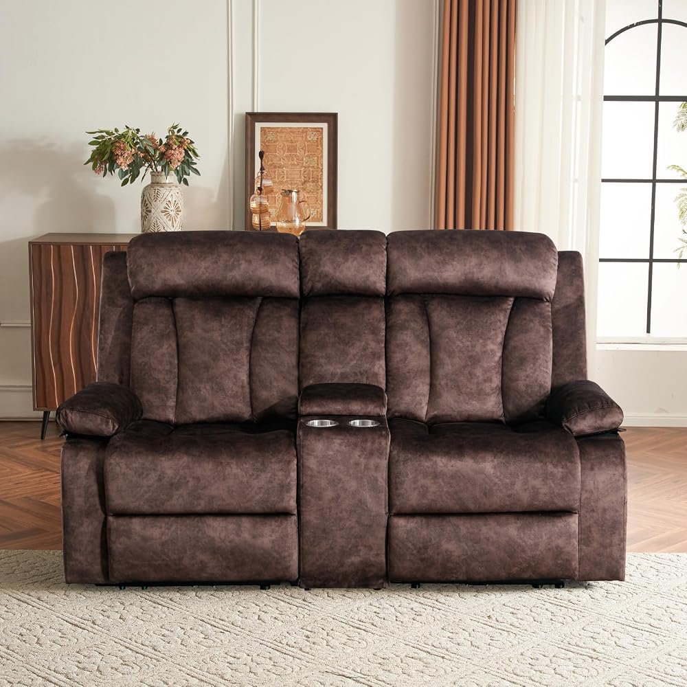 Power Reclining Loveseat with Console, Loveseat Recliner Sofa with Massage & Heat, Perfect Electric Couch for Living Room (Brown)