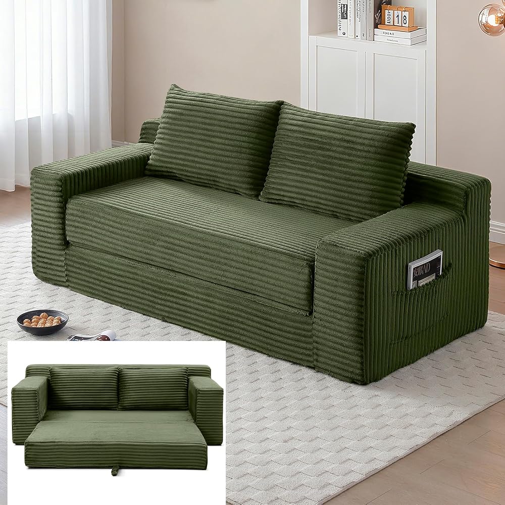 73" Green Boneless Loveseat Couch, 2 in 1 Pull Out Sleeper Sofa with Side Pockets & 2 Pillows, Folding Convertible Corduroy Floor Couch for Apartment Living Room Bedroom Dorm, No Assembly