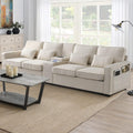 Upholstered Sectional Sofa with Console, 2 Cup Holders and 2 USB Ports & Wirelessly Charged, Modern Linen Fabric 4-Seat Couch with 4 Pillows for Living Room, Apartment, Office, 114.2inch
