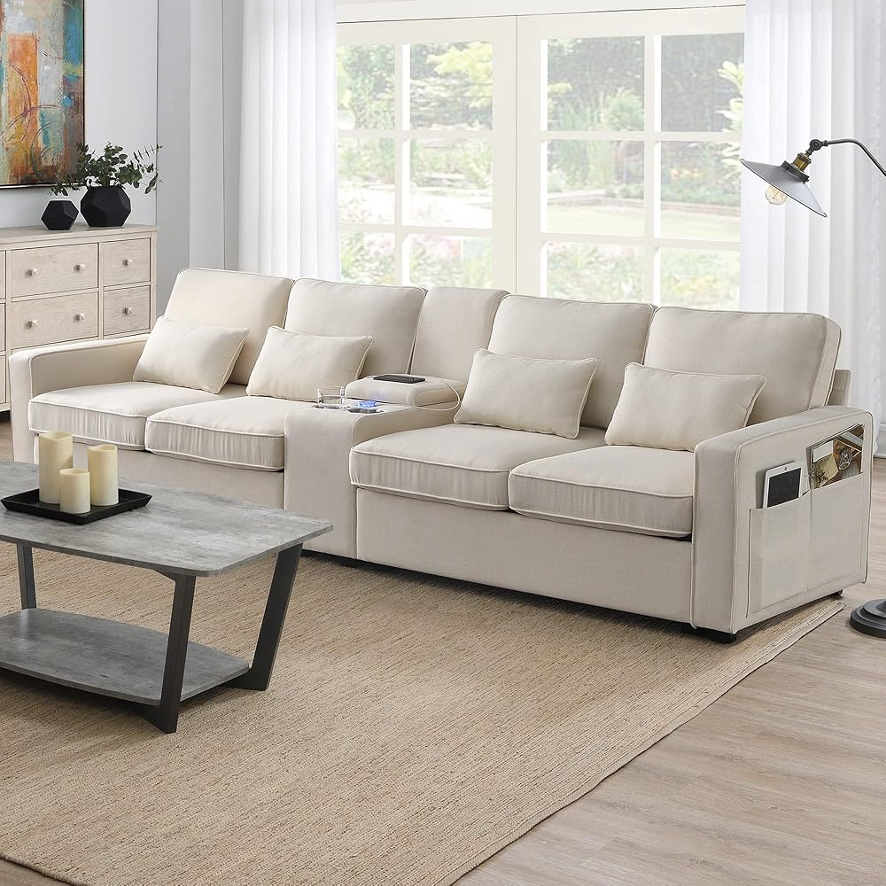 Upholstered Sectional Sofa with Console, 2 Cup Holders and 2 USB Ports & Wirelessly Charged, Modern Linen Fabric 4-Seat Couch with 4 Pillows for Living Room, Apartment, Office, 114.2inch