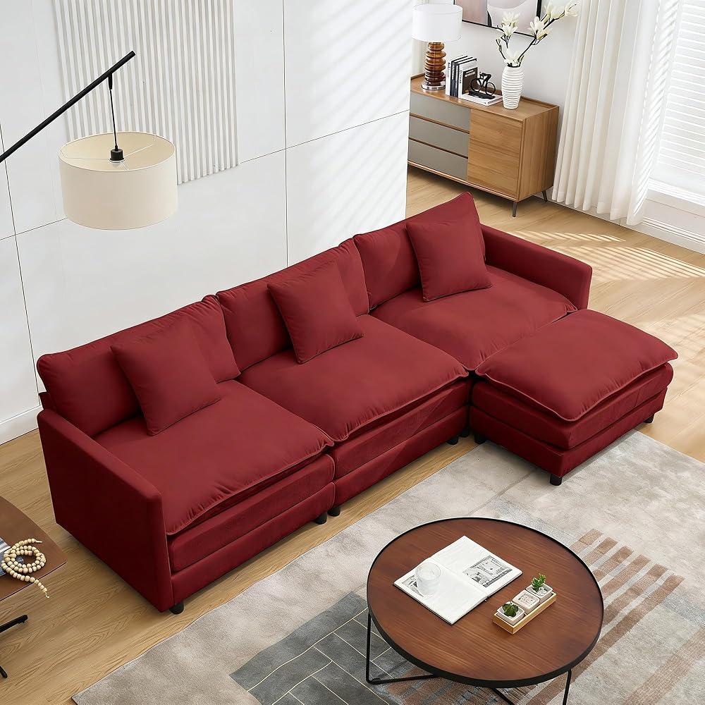 Modular Sectional Sofa,108.27'' Modern Sofa Sleeper Couch with 3 Seat & 1 Ottoman & 3 Pillows Sofa Set, Comfy Cloud Couches with Movable Ottoman for Living Room,Chenille (Wine red, L Shaped)