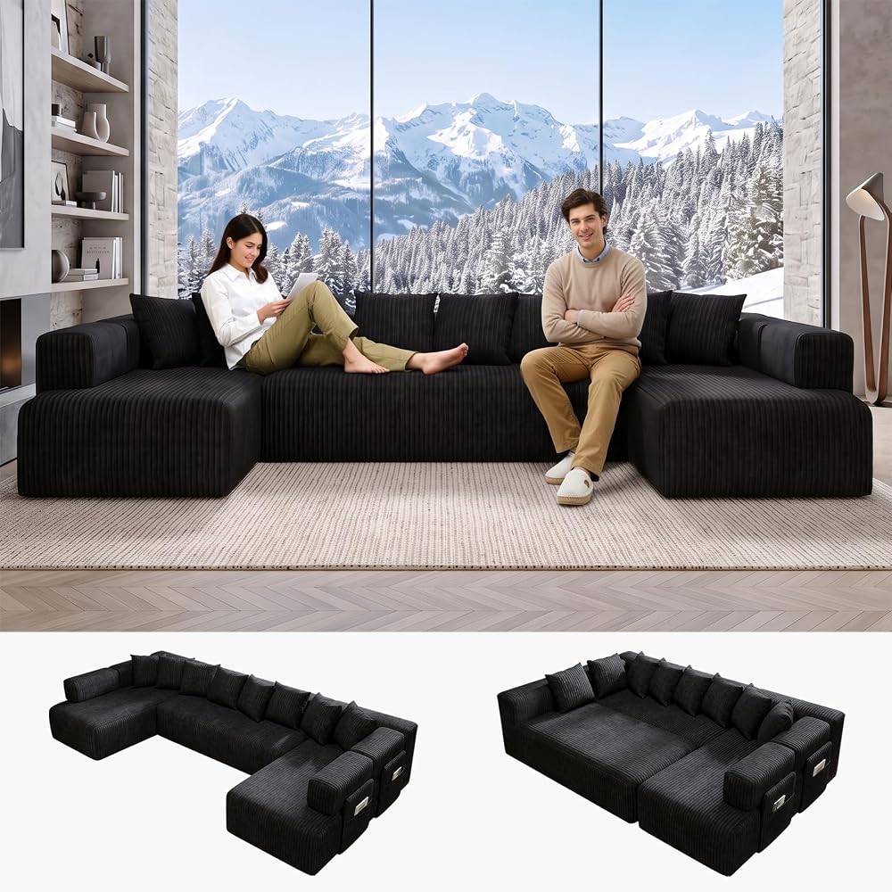 146.5" U‑Shaped Modular Boneless Cloud Sectional Sofa for Living Room