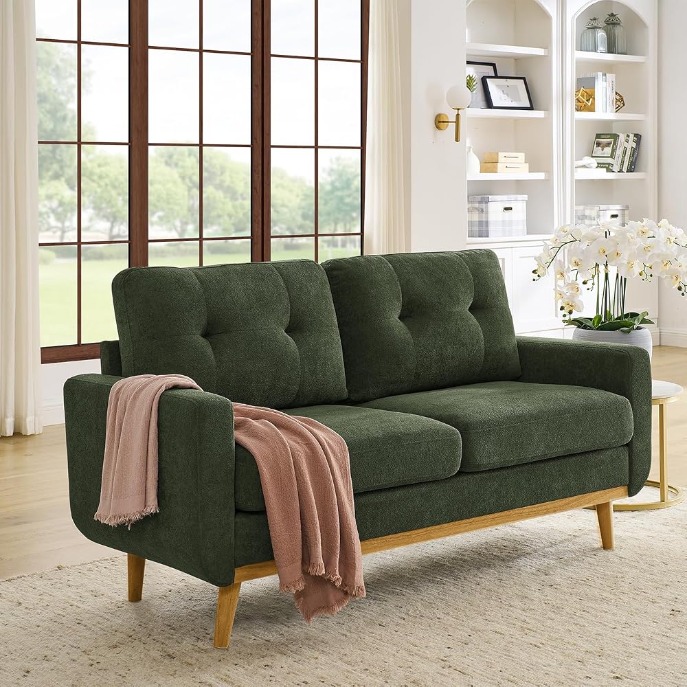 67" Green Loveseat Sofa, Mid Century Modern Love Seat Sofas and Comfy Couches for Living Room, Button Tufted Small Cloud Couch for Bedroom Office Apartment Small Space, Easy Assembly (Dark Green)