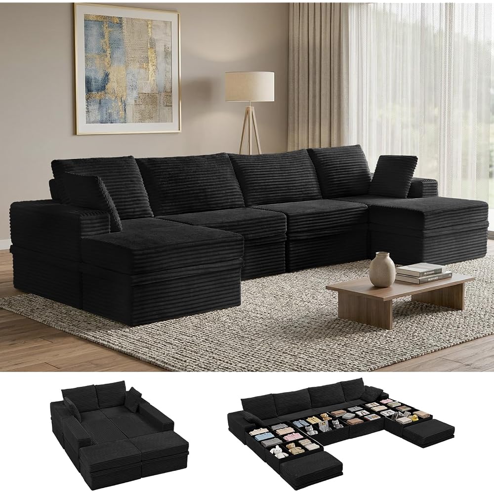 142'' Modular Sectional Sofa, Deep Seat Boneless Couch with Storage