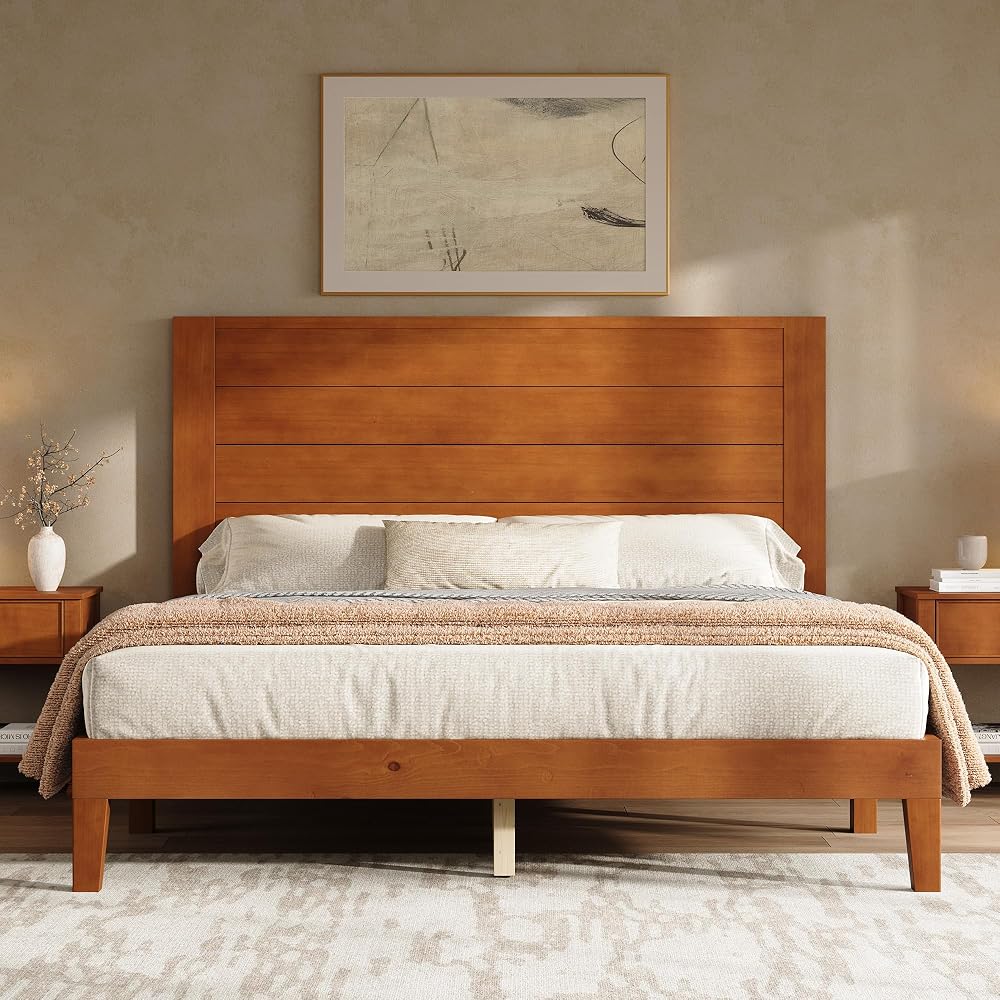 Full Size Solid Wood Platform Bed with Mid Century Style, Brown