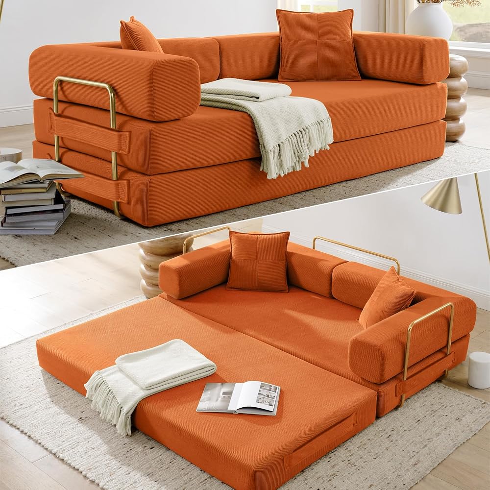 78'' Futon Sleeper Sofa Bed, Boneless Couch for Living Room, Orange