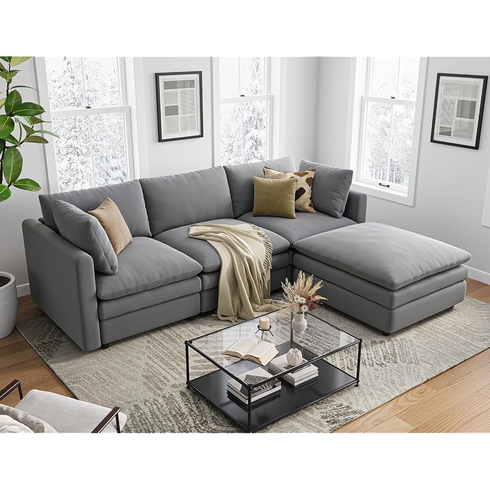 Cloud Couches for Living Room L Shaped Sectional Couch with Ottoman Deep Plush 4 Seats Sofa Modern Sofa for Apartment
