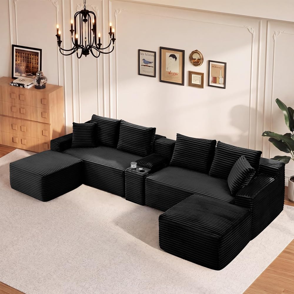 127" U-Shaped Cloud Boneless Sectional Couch, Oversized Compressed Modular Sectional Sofa with USB & Storge Console, Fluffy Corduroy Boneless Couches for Living Room with 2 Ottomans, Black