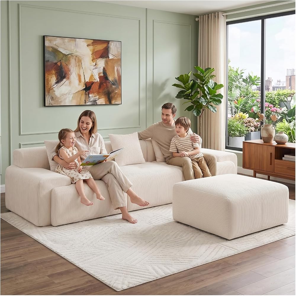 Plush Corduroy 118" Modular Sectional Sofa, Modern Boneless L-Shaped Cloud Couch with Chaise, Deep Seat Upholstered Comfy Living Room Couch, No Assembly Required,Beige