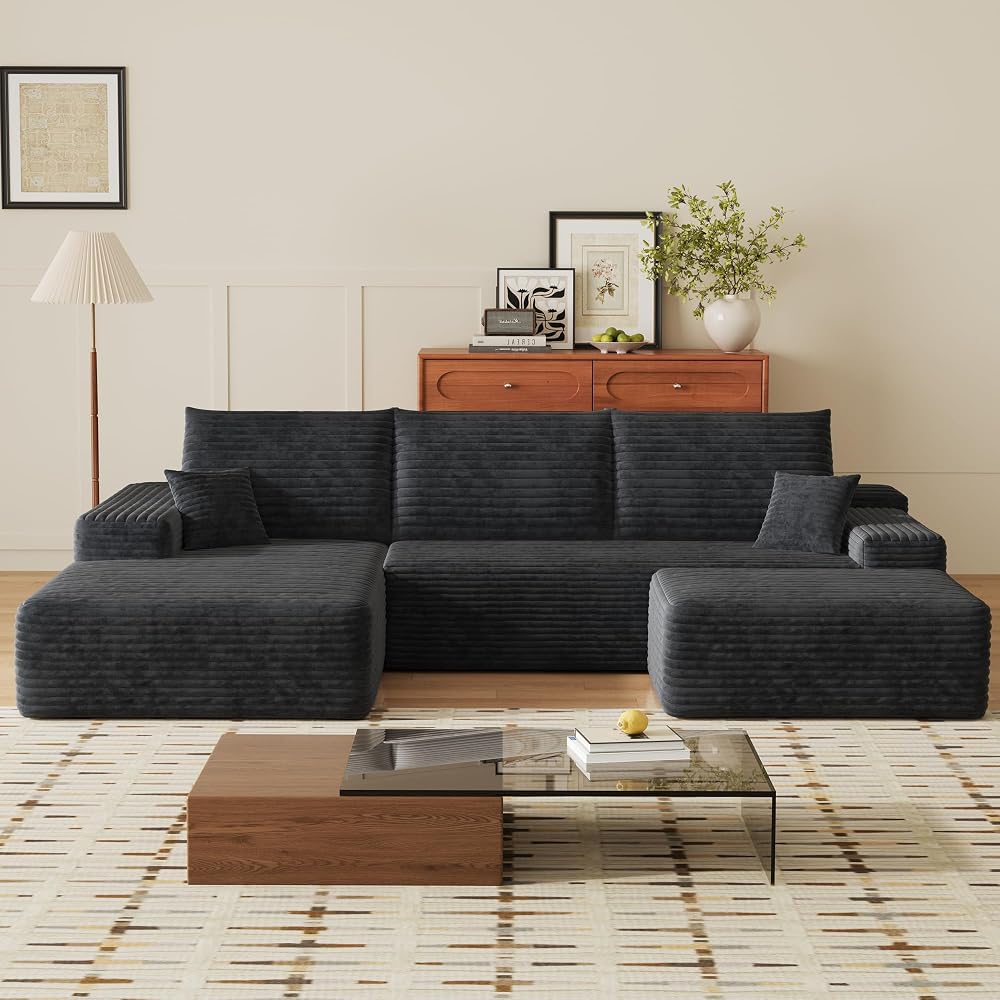 107" U Shaped Cloud Corduroy Couch with Ottoman, Comfy Sectional Boneless Couches for Living Room Bedroom, Deep Seat Sleeper Compression Sofa, No Assembly, Left Facing Chaise, Black