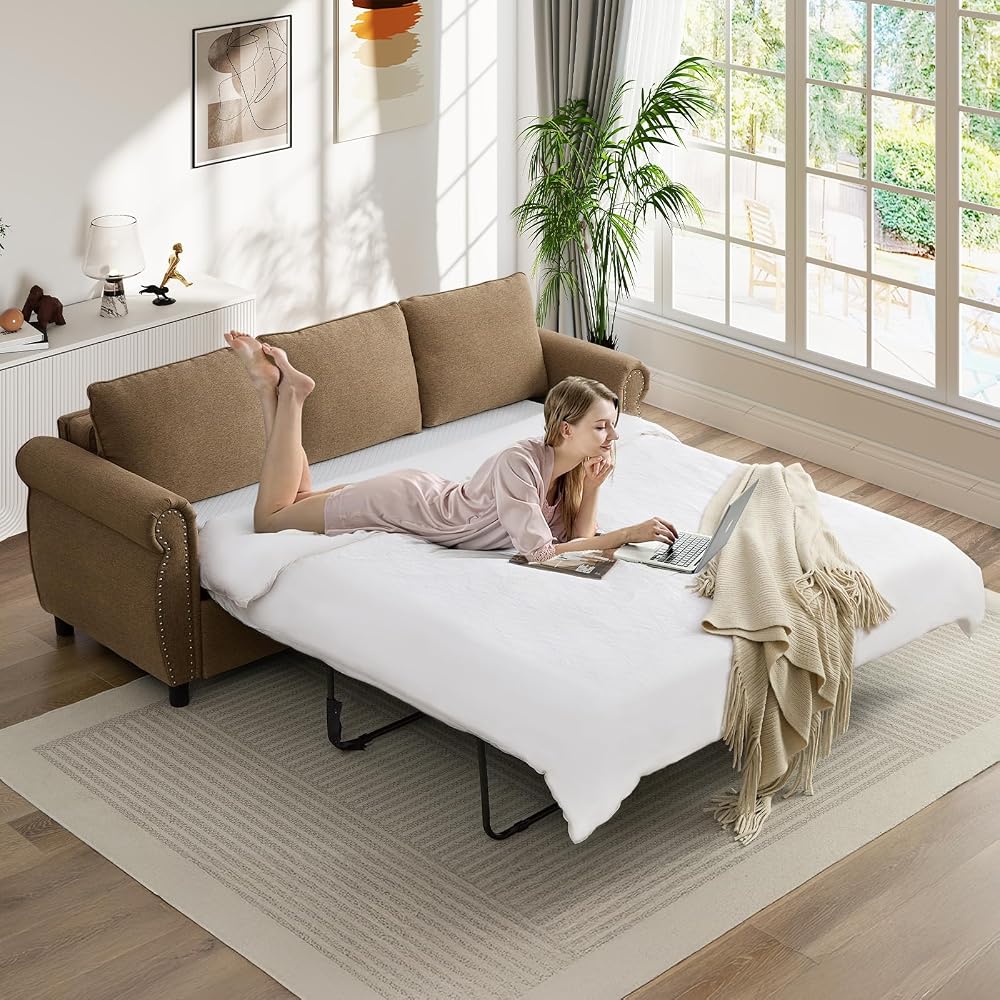 Pull Out Sofa Bed with Mattress Included, Convertible Futon Oversized Chenille 3 Seater Loveseat Sleeper Sofa Couch Bed with Rivet Decoration & Rolled Arms for Guest Room Office Living Room, Brown