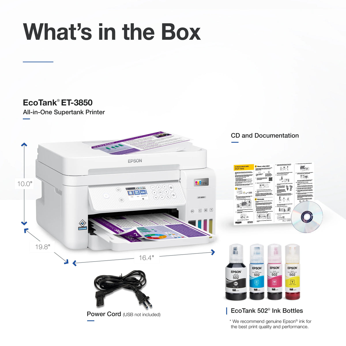 Epson EcoTank ET-3850 Wireless Color All-in-One Cartridge-Free Supertank Printer with Scanner, Copier, ADF and Ethernet