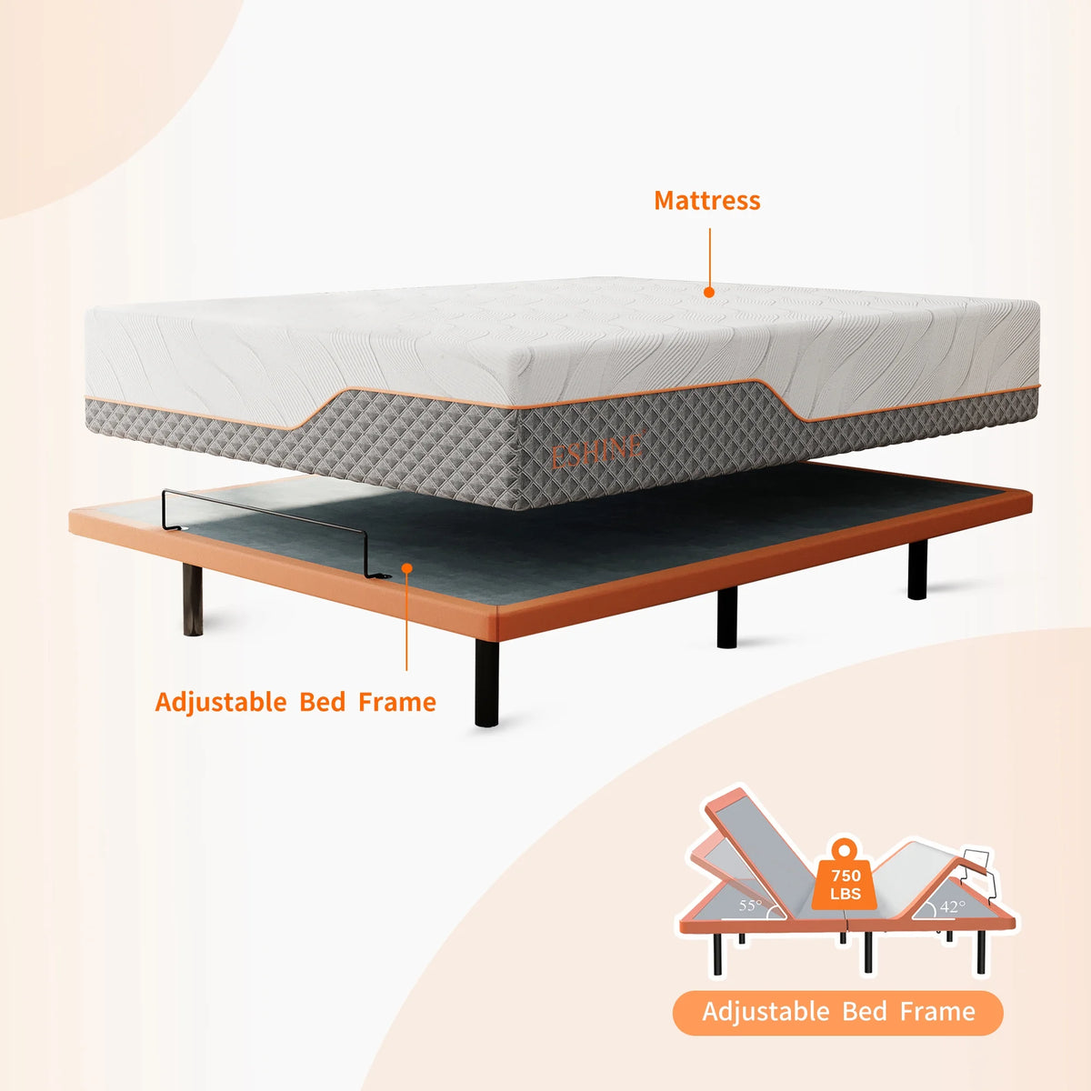 ESHINE Adjustable Bed Frame Twin XL + Memory Foam Hybrid 12 inch Mattress, with Mattress, Wireless Remote&Bluetooth App Control, 5 Minutes Installation, Head and Foot Incline