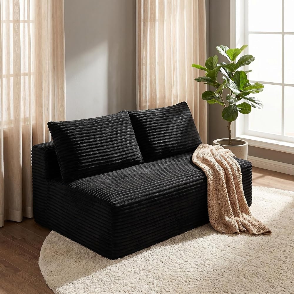 57" Black Small Armless Loveseat Sofa, 2 Seater Cloud Couches