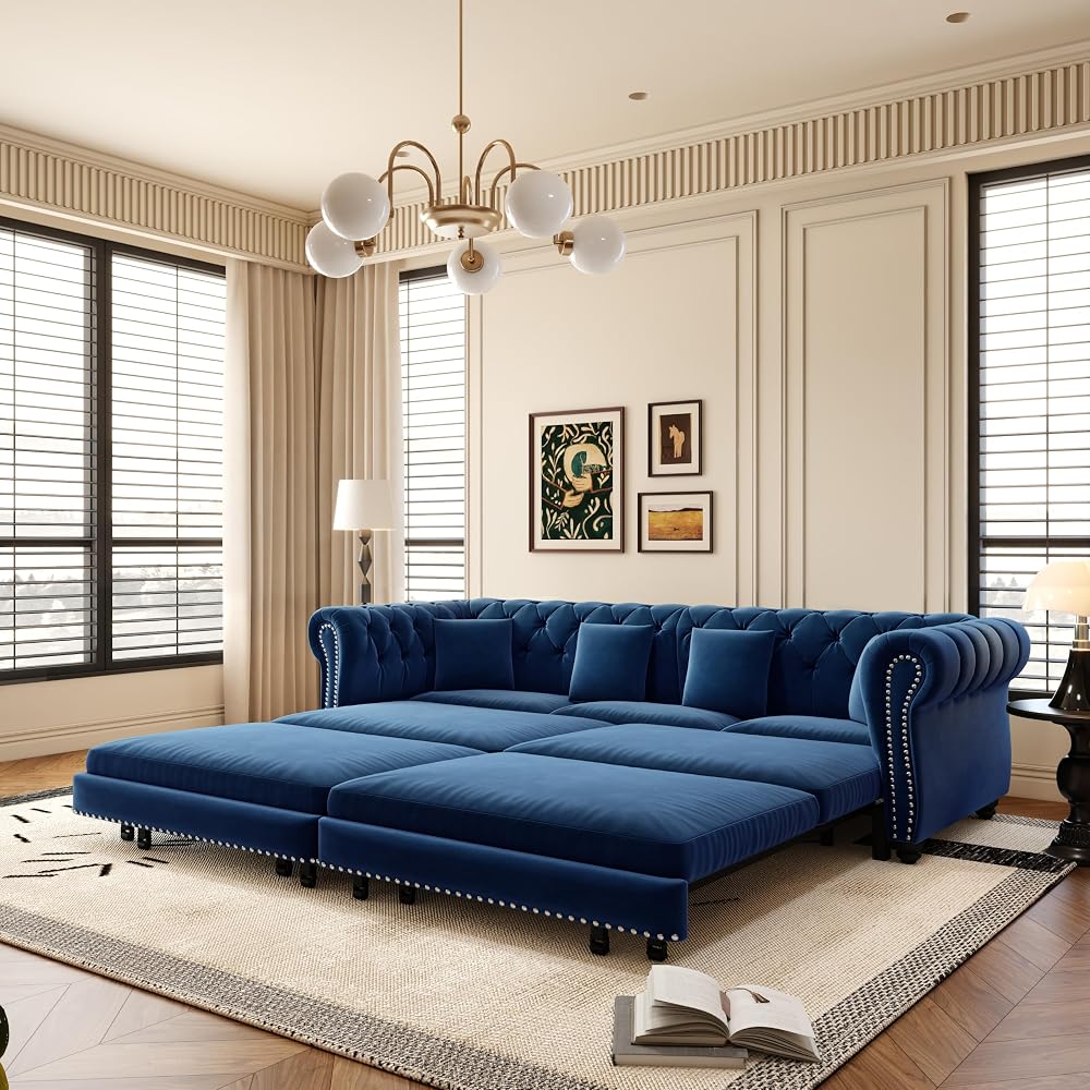 89" W 3-in-1 Convertible Sleeper Sofa Bed, King Size Pull-Out Sofa with Chaise Lounge, Velvet Tufted 3-Seater Sofa and Movable Ottoman for Living Room (Blue)