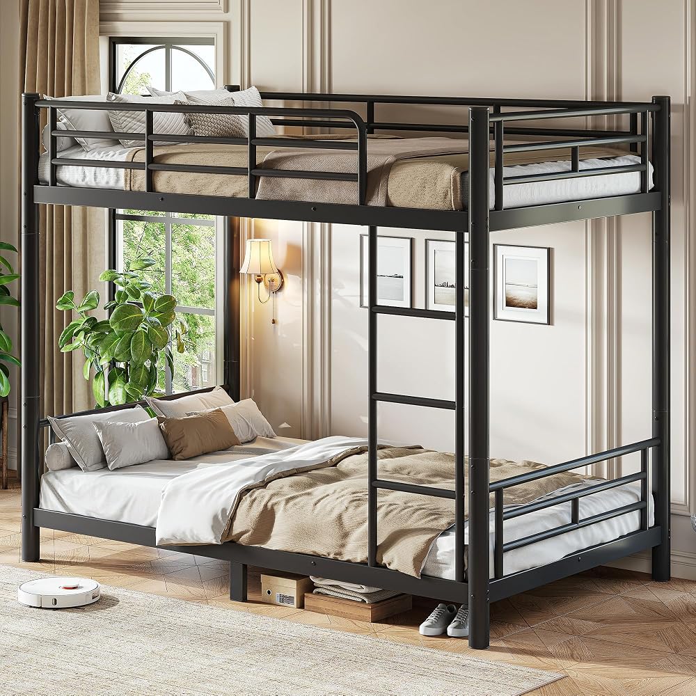 Twin XL Bunk Bed with Guardrail and Ladder, Convertible Bunk Bed Black