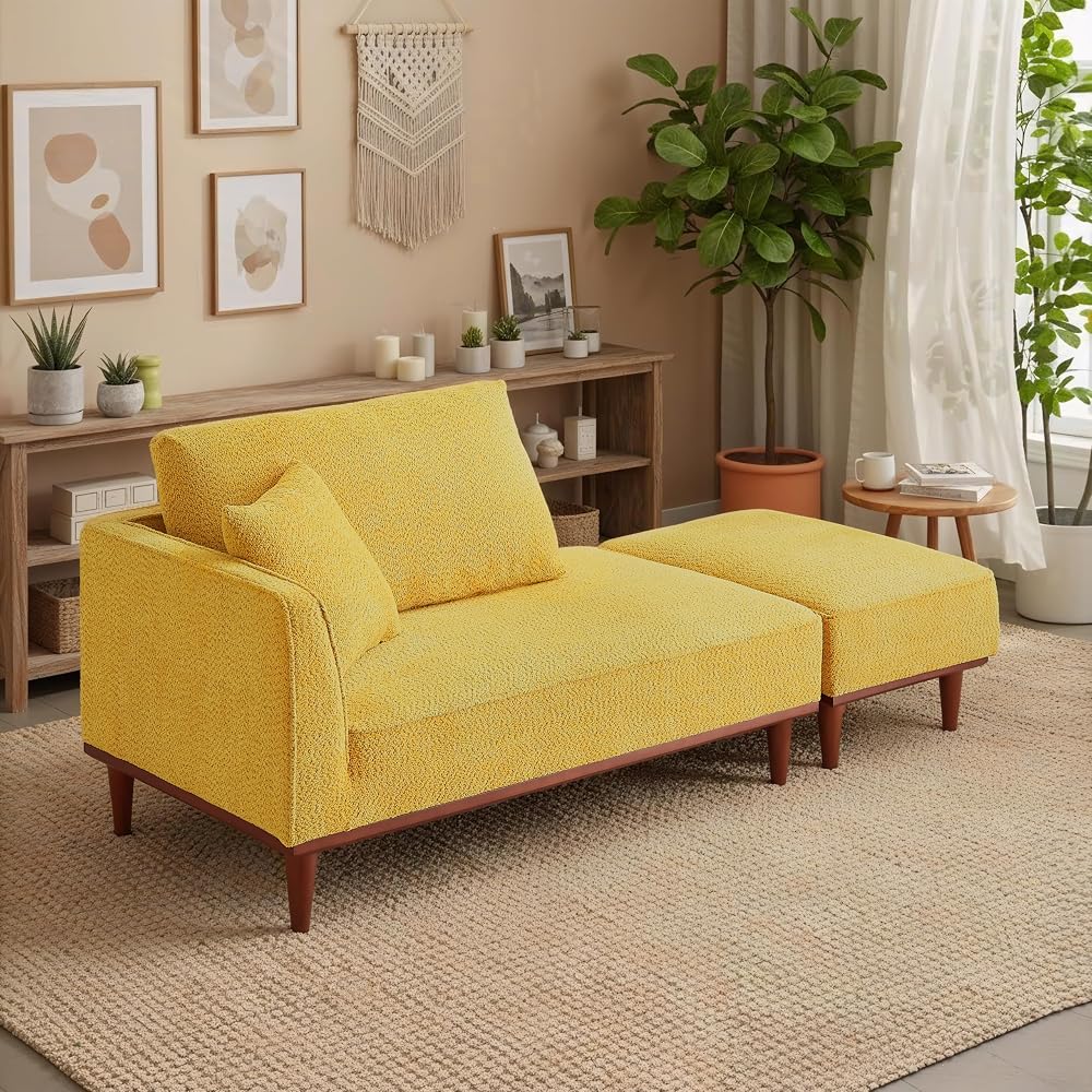 Upholstered Chaise Lounge Chair Indoor with Ottoman & Armrest & Lumbar Pillow, Boucle Fluffy Reading Chair, Modern Leisure Recliner Sofa for Office Living Room Bedroom (Yellow, Left Facing)