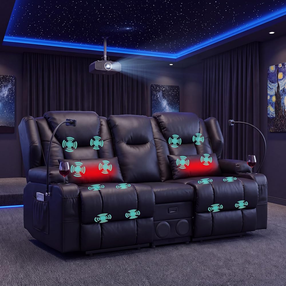 Loveseat Recliner with Massage and Heat,Built-in Bluetooth Audio & Cup Holders,Manual Wall Hugger Reclining Sofa Ideal for Small Spaces, RVs, Home Theater or Living Room，Black
