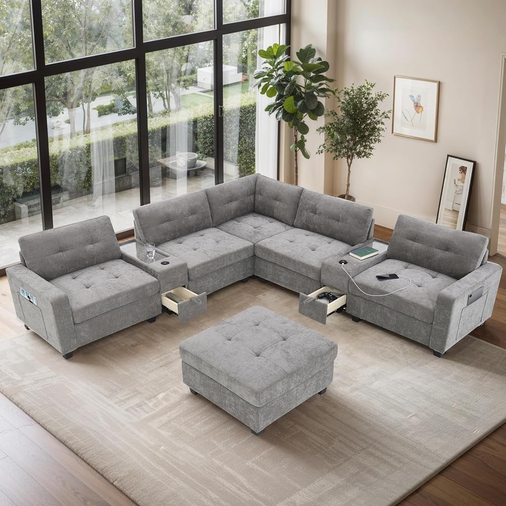 104'' Sectional Sofa with Acrylic Table Top,Chenille U Shaped Couch Set with 2 Consoles,USB Charger,Storage Drawers and Pockets,Movable Ottoman,Tufted Sofa for Living Room,Apartment, Gray