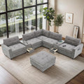 104'' Sectional Sofa with Acrylic Table Top,Chenille U Shaped Couch Set with 2 Consoles,USB Charger,Storage Drawers and Pockets,Movable Ottoman,Tufted Sofa for Living Room,Apartment, Gray