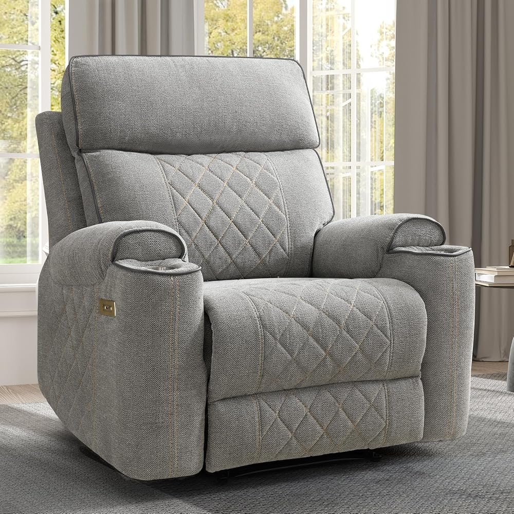 Power Recliner Chair, Electric Fabric Reclining Sofa with Cup Holders, USB Type-C Charging Ports, for Small Living Room, Bedroom and Meeting Room, Grey