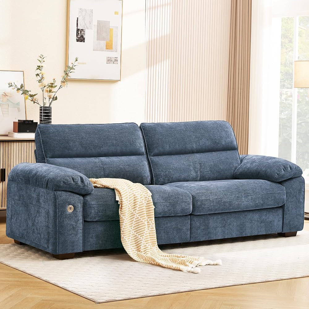 90" Modern Sofa for Living Room, Deep Seat Chenille Couch with Fast Charging Port & Removable Washable Cushions, Pillow-Armrest Loveseat for Small Space/Apartment, Sturdy Frame, Blue