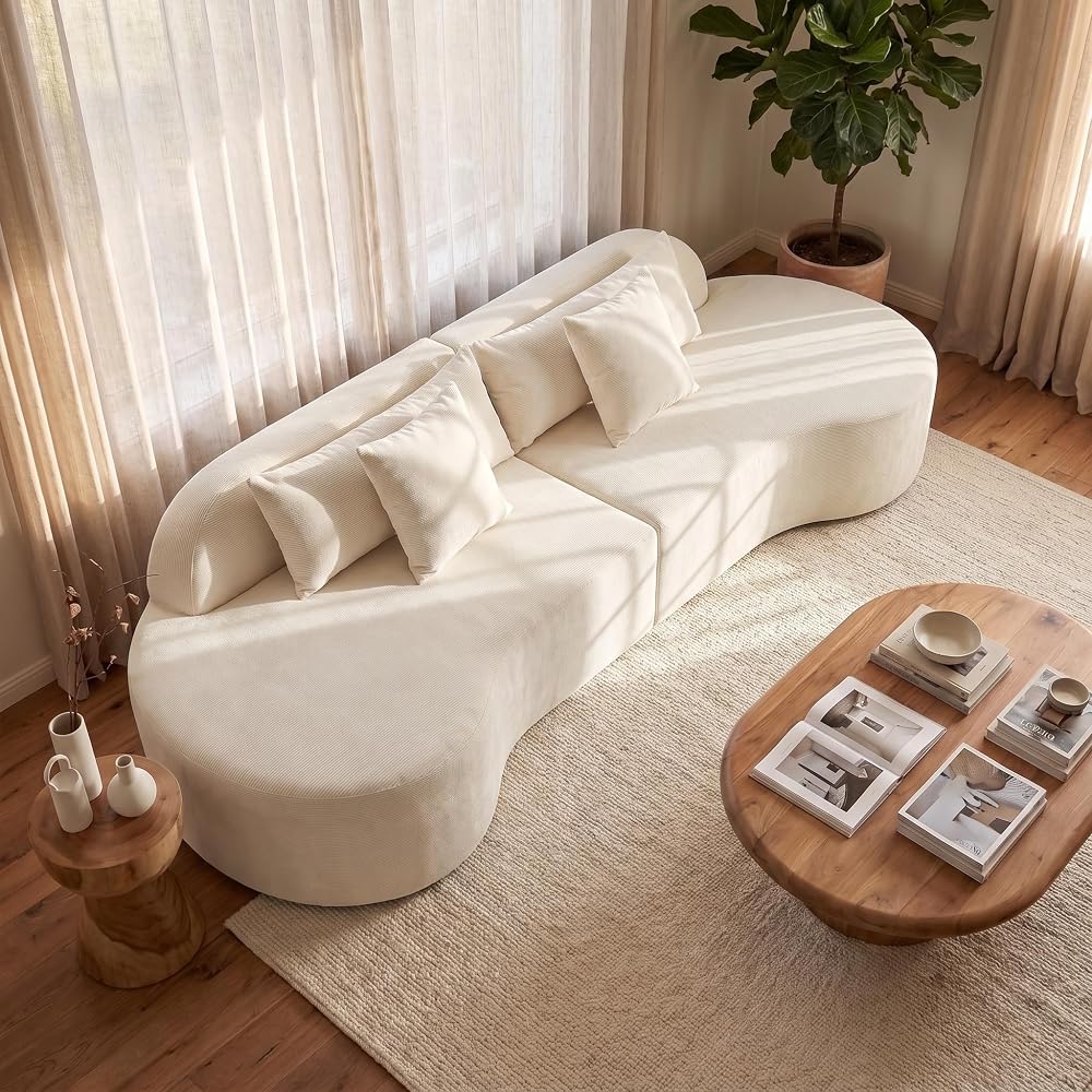 130'' Boneless Curved Couch for Living Room, Oversized Modern Cloud Couch Sectional, Modular Sofa with High-Density Foam Deep Seat, Corduroy Fabric No-Bones Compression Couch with Pillows, Beige