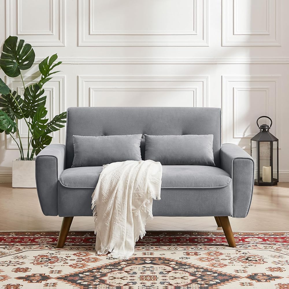 48" Small Loveseat Sofa, Modern Linen Fabric Love Seat Couch, Upholstered 2-Seat Sofa with 2 Pillows and Wood Legs for Living Room, Apartment, Bedroom and Small Spaces,LightGrey