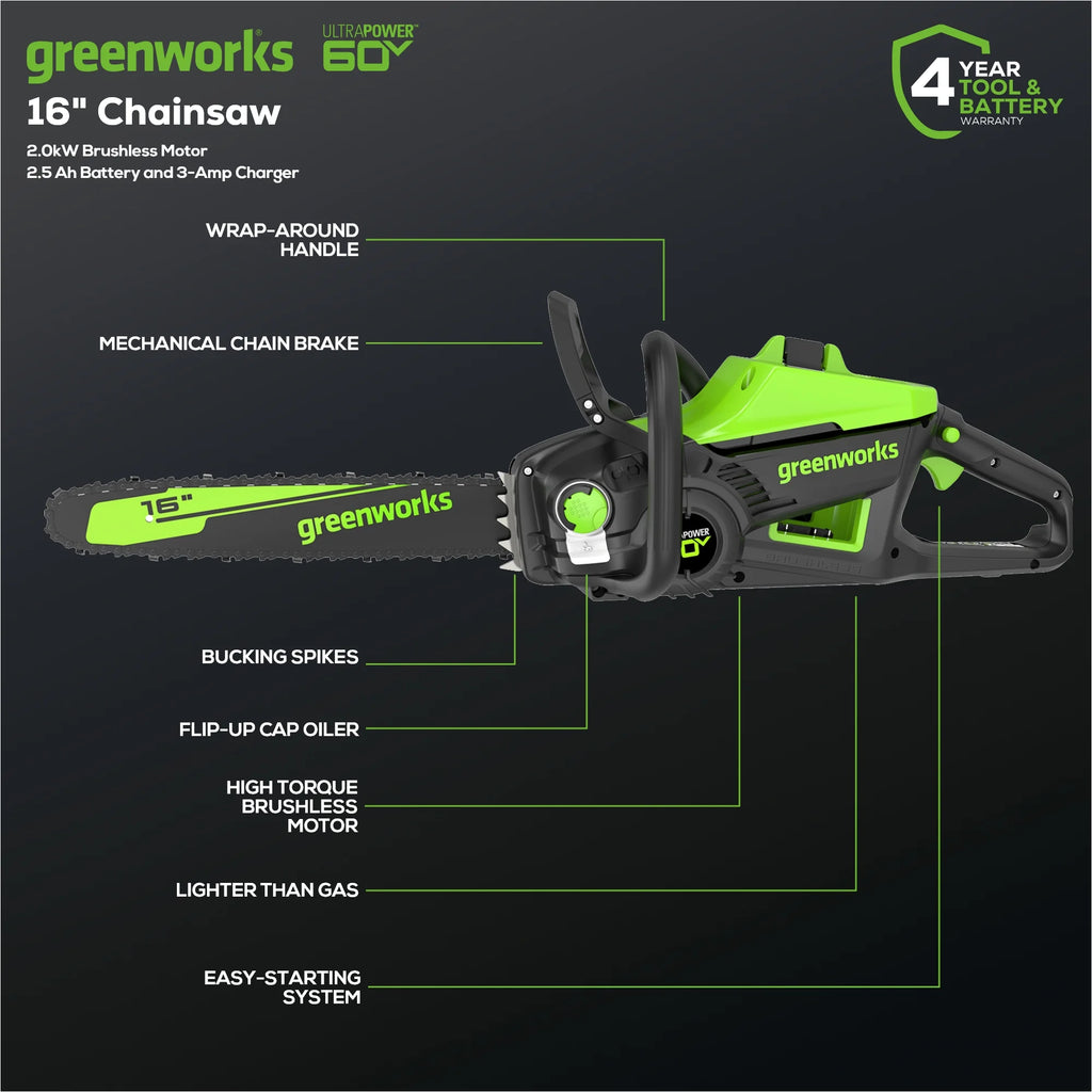 Greenworks Pro 60V 16 in. Brushless Cordless 2kW Chainsaw with 2.5 Ah Battery and Charger