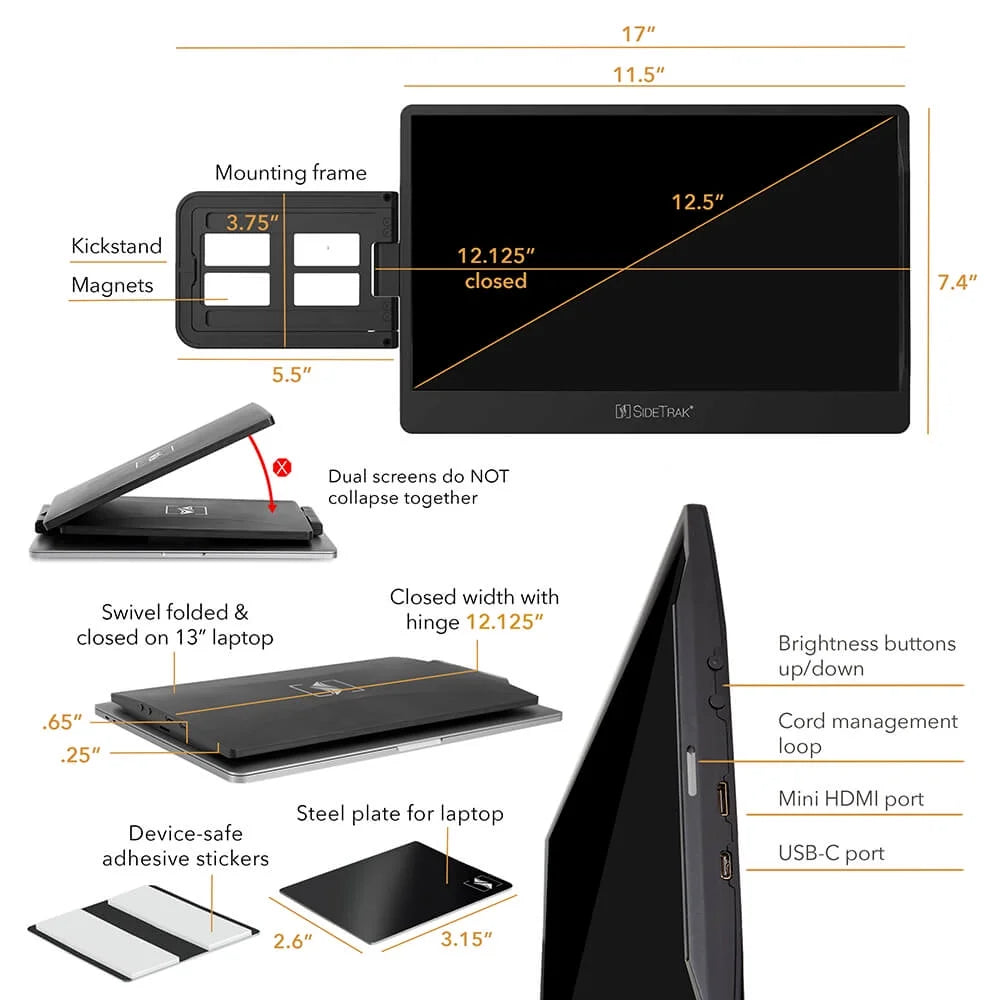 SideTrak Swivel 12.5 Triple Portable Monitor for Laptop with Powered USB C Hub | Attachable FHD IPS Rotating Three Screen Laptop | Compatible with Windows | Powered by USB-C Hub