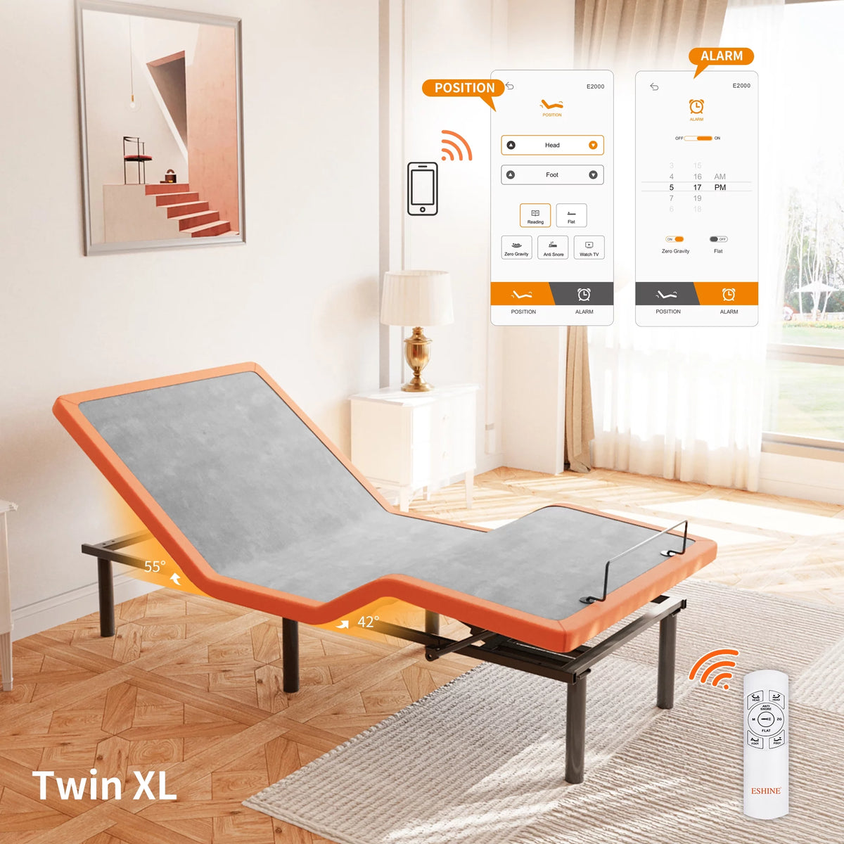 ESHINE Adjustable Bed Frame Twin XL + Memory Foam Hybrid 12 inch Mattress, with Mattress, Wireless Remote&Bluetooth App Control, 5 Minutes Installation, Head and Foot Incline