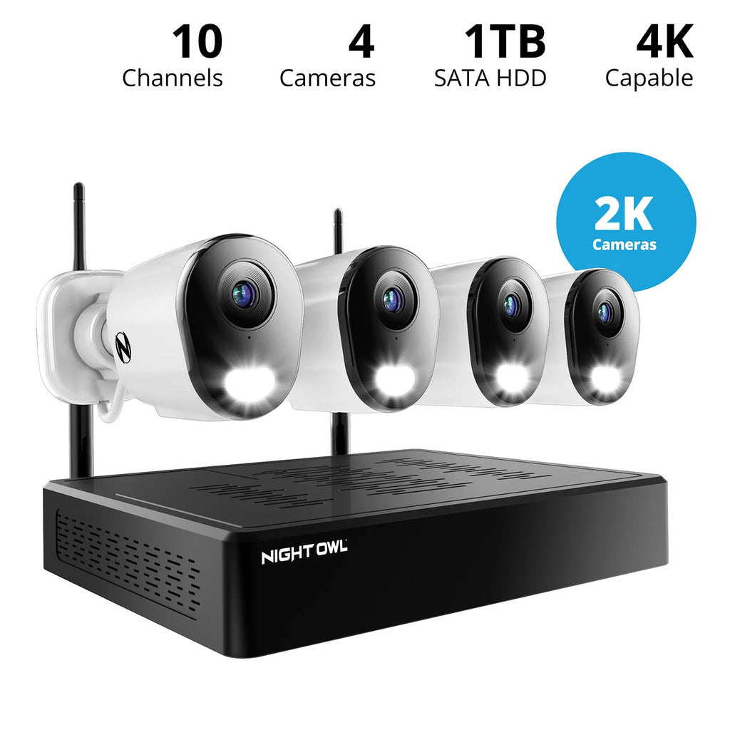 Night Owl 10 Channel 4K Wi-Fi NVR Security System with 1TB Hard Drive and 4 Wi-Fi IP 2K Deterrence Cameras with 2-Way Audio