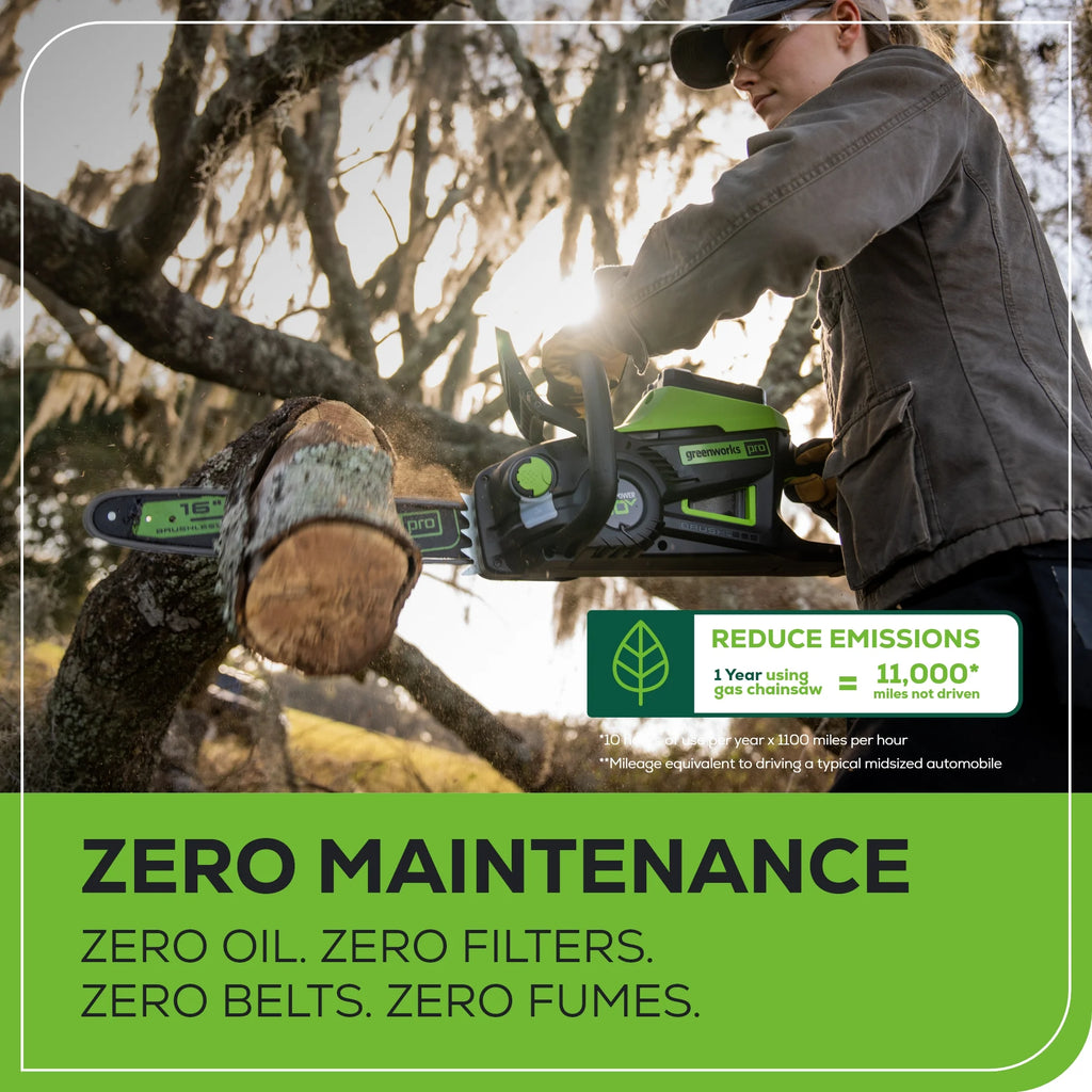 Greenworks Pro 60V 16 in. Brushless Cordless 2kW Chainsaw with 2.5 Ah Battery and Charger