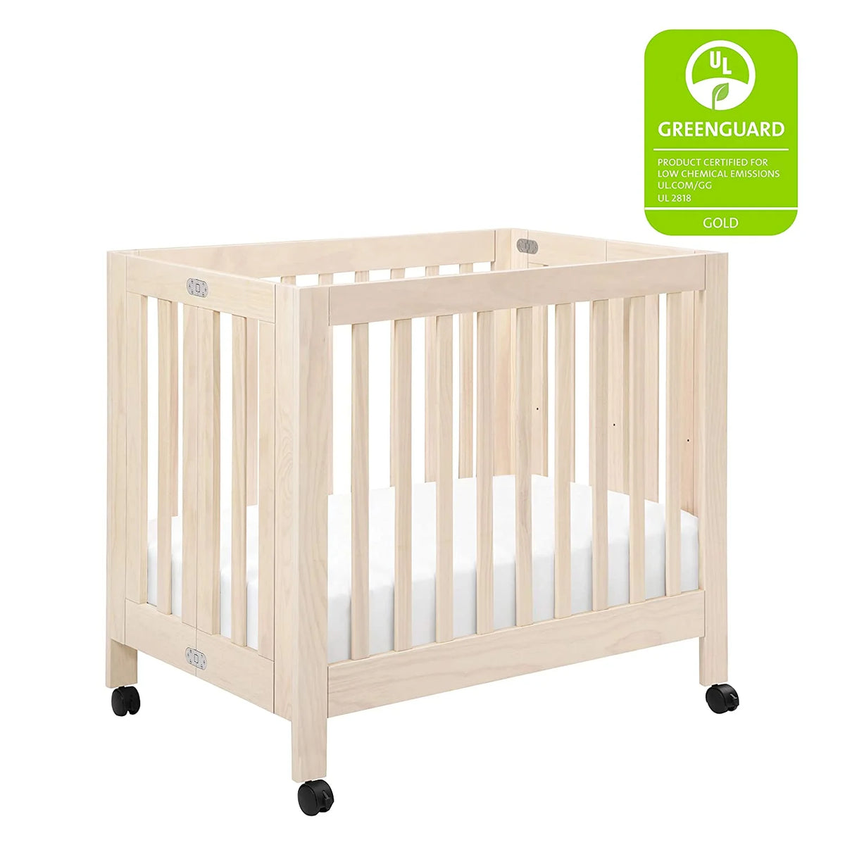 Babyletto Origami Mini Portable Crib Folding with Wheels in Honey, 2 Adjustable Mattress Positions, Greenguard Gold Certified